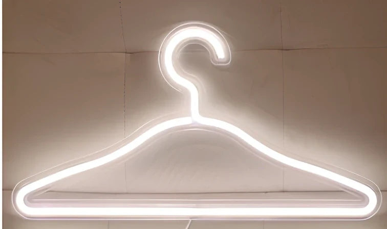 LED neon decorative light with acrylic back panel showing USB power connection and multiple design options