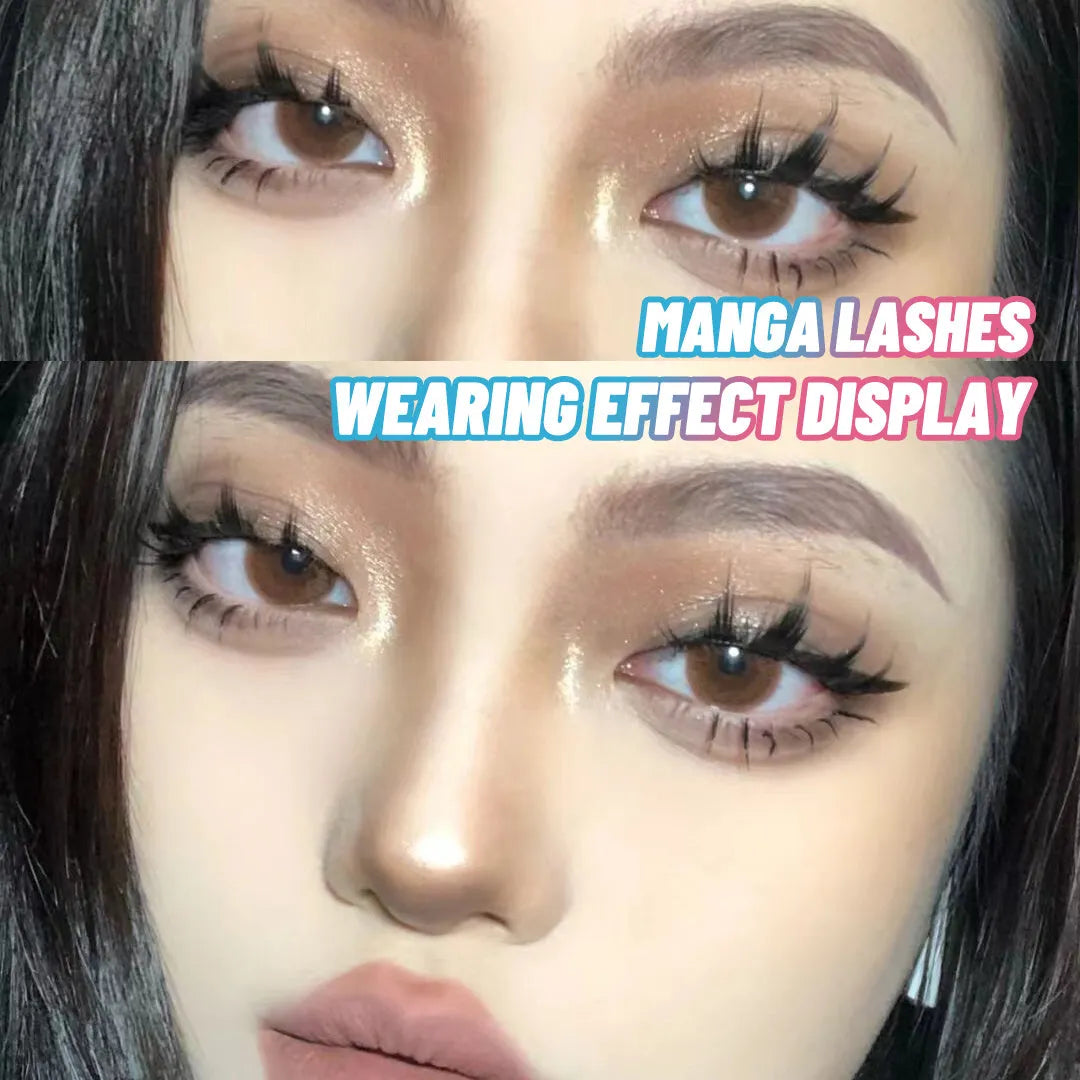 Set of manga-style false eyelashes in natural wispy styles 007, 008, and 009 on plastic black terrier