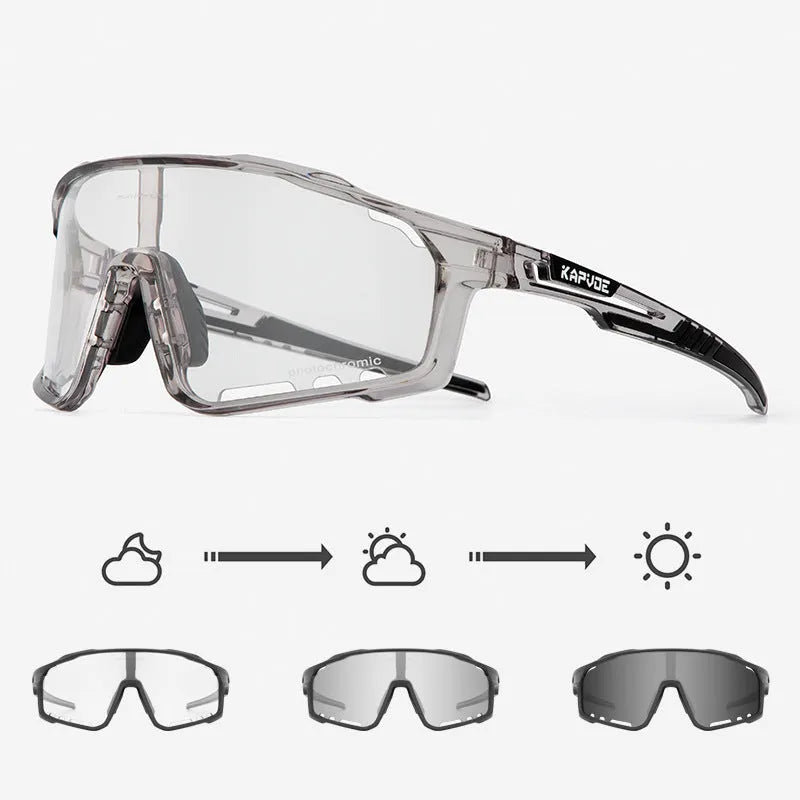 Photochromic cycling sports goggles with a semi-rimless TR90 frame and adaptive tint lens.