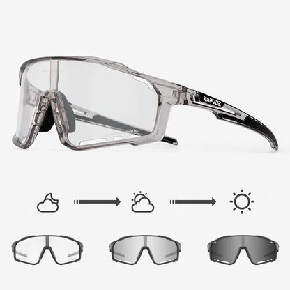Photochromic cycling sports goggles with a semi-rimless TR90 frame and adaptive tint lens.