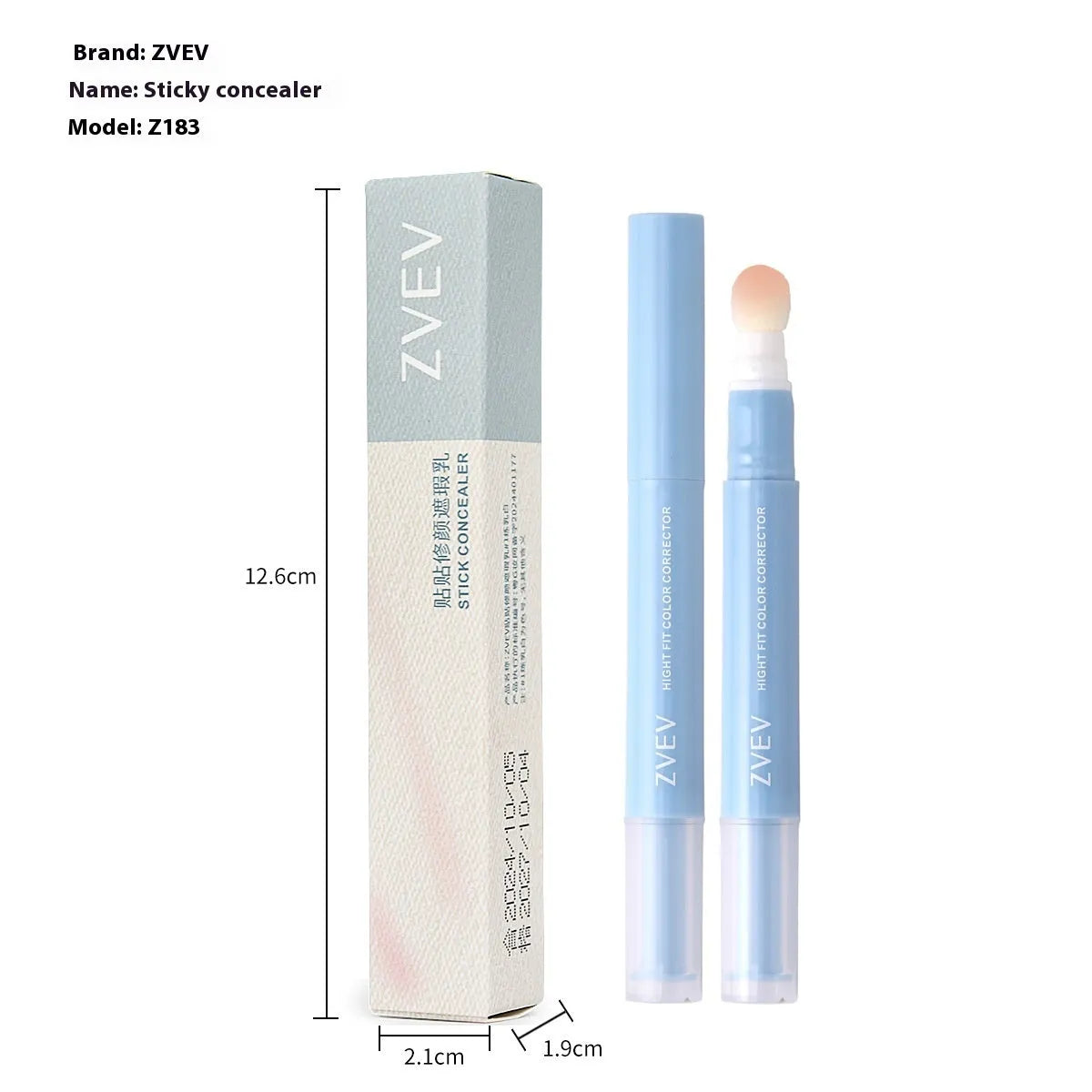 Concealer pen with sponge brush head applicator showing three shade options: brightening, pink flesh, and flesh colour