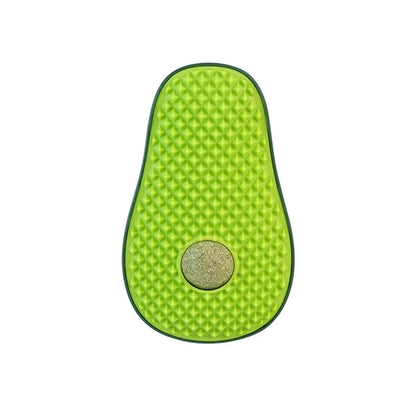 Green avocado-shaped cat toy with a central scratching post for cats.