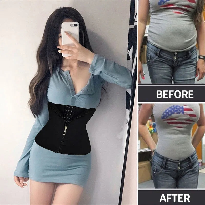 Neoprene belly band body shaping corset in black, shown wrapped for abdominal support during exercise
