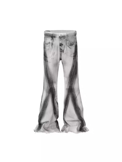 White cotton denim jeans trousers with black ribbon gradient detailing and mid-waist zip placket design
