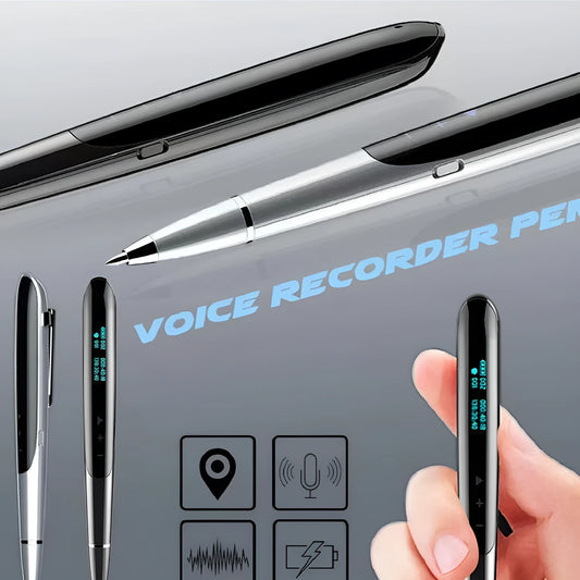 Black digital recording pen with OLED display screen showing recording time, next to included headphones and USB cable.