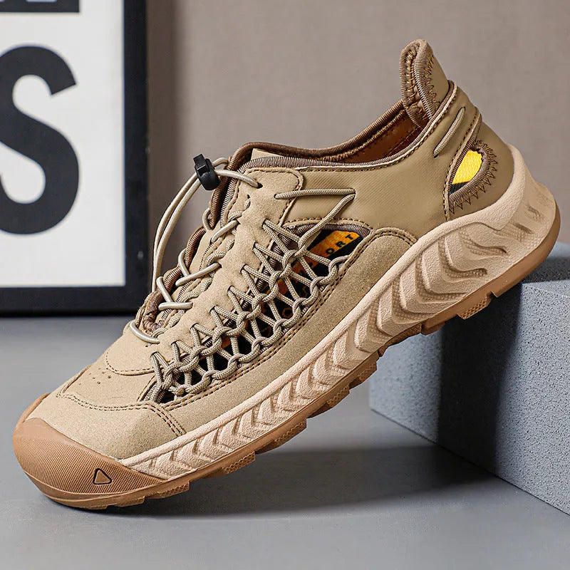 Men's casual sandals with closed toe design featuring hand-woven PU leather uppers and non-slip rubber soles for summer outdoor wear, available in light grey, grey red, khaki black and green colour options across UK sizes 38-45