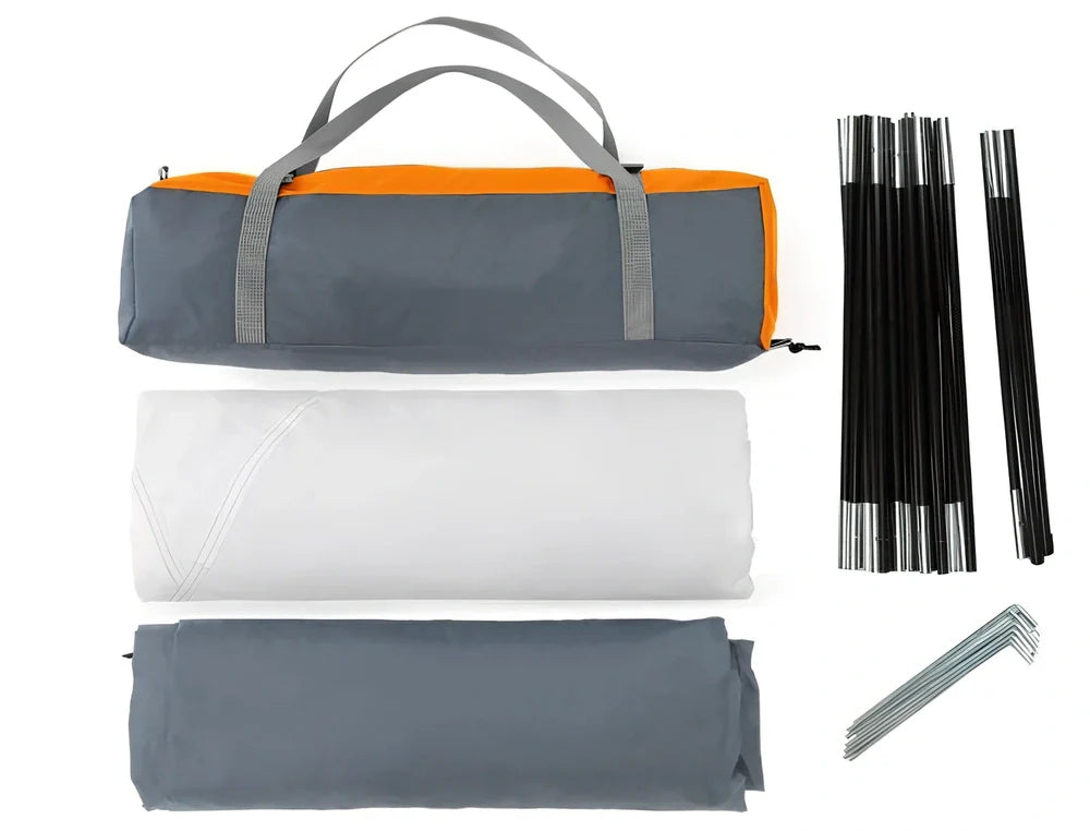 Orange two-person hiking tent with fiberglass poles showing 213cm length and waterproof construction