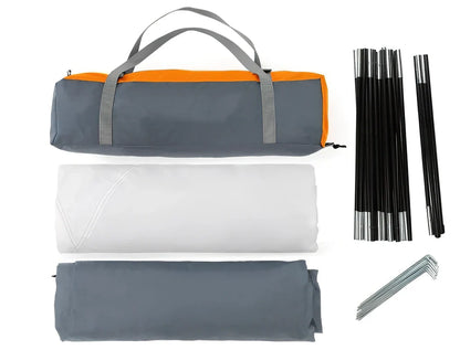 Orange two-person hiking tent with fiberglass poles showing 213cm length and waterproof construction