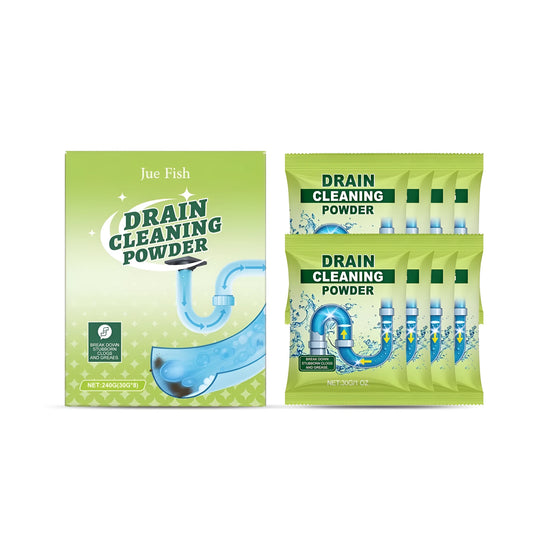 Box of drain cleaning powder showing eight individual 30g sachets, total 240g, for unblocking sinks.