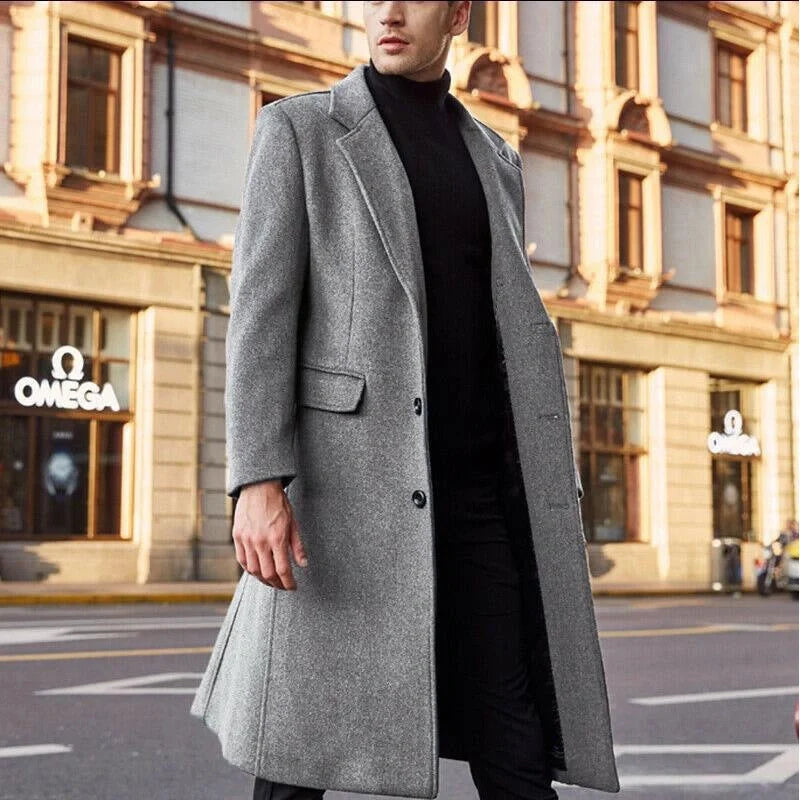 Men's woolen long trench coat in black, gray, khaki, dark brown, and navy blue