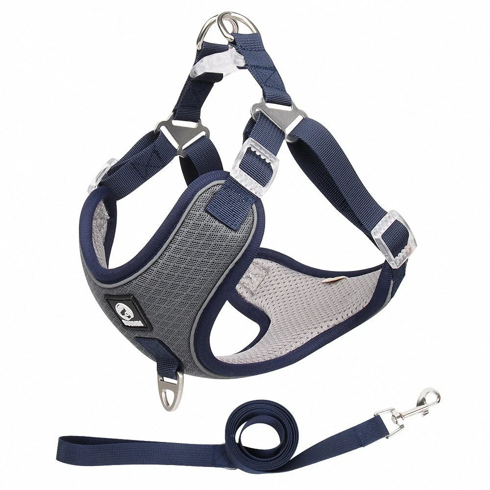 Adjustable breathable mesh dog harness with reflective piping for small to medium dogs