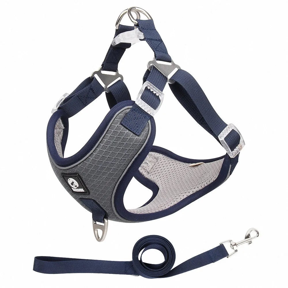 Adjustable mesh dog harness with reflective piping in black, red, gray, and light purple colours