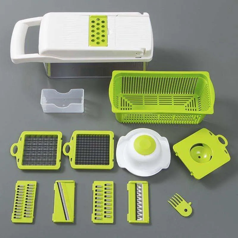 Multifunctional vegetable cutter with seven stainless steel blades on a food-grade plastic body.