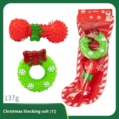 Christmas vinyl dog chew toys set with Santa heads, trees, balls and bite ropes for medium to large dogs