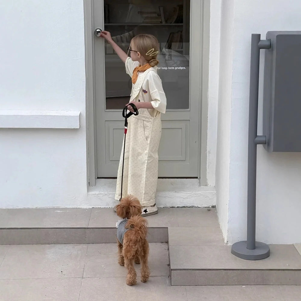 Girls' milky white polka dot overalls with Western styling and high-waist trousers