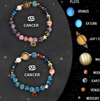 Twelve Zodiac Sign Beaded Bracelet Set with natural stone beads and adjustable 18-22cm length on a wrist