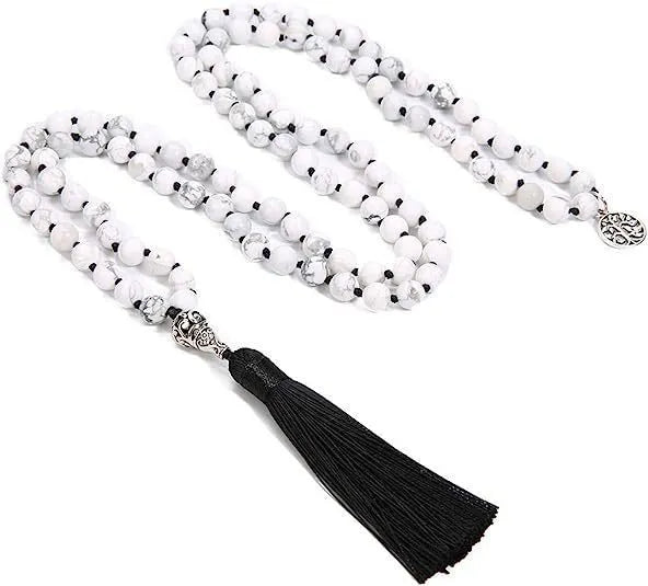 Handmade knotted beaded necklace with 108 natural stone beads in various colours.