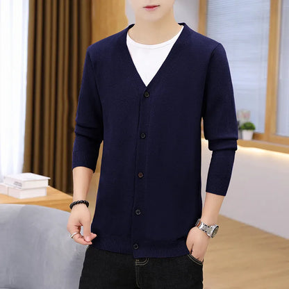 Men's thick slim fit cardigan knit jacket, long sleeve polyester, sizes M to 5XL, beige black navy blue