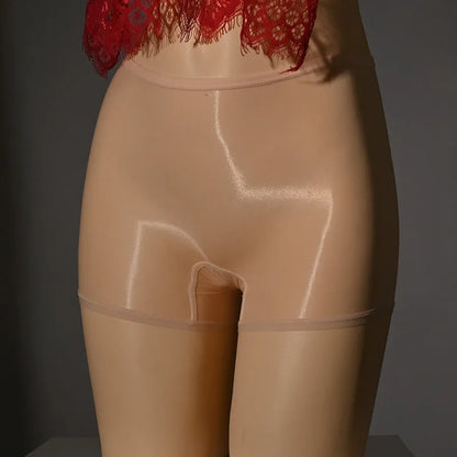 Shiny men's nylon underwear stockings in red, black, grey, white, fair skin, natural skin, and brown colours on a mid waist.