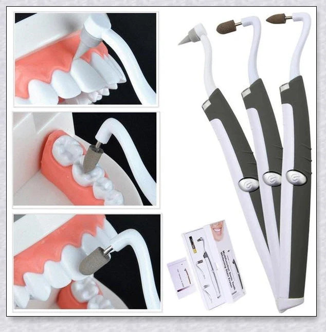 A white sonic tooth stain eraser and plaque remover with 3 different cleaning heads for removing stains and massaging gums.