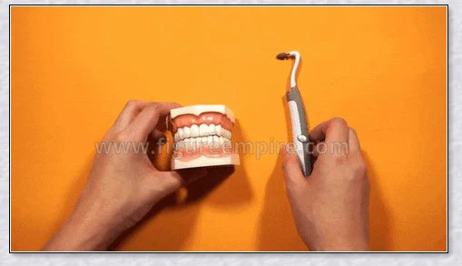 A white sonic tooth stain eraser and plaque remover with 3 different cleaning heads for removing stains and massaging gums.