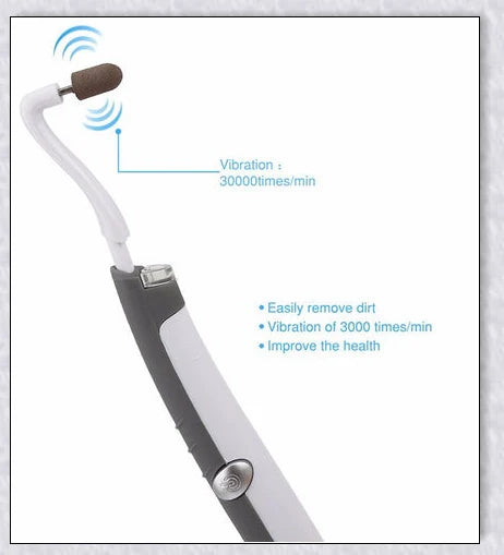 A white sonic tooth stain eraser and plaque remover with 3 different cleaning heads for removing stains and massaging gums.