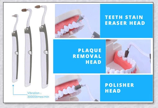 A white sonic tooth stain eraser and plaque remover with 3 different cleaning heads for removing stains and massaging gums.