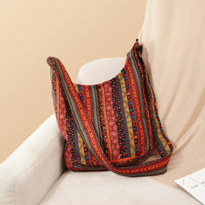 Bohemian Vintage Canvas Shoulder Bag with Unique Geometric Pattern and Adjustable Strap