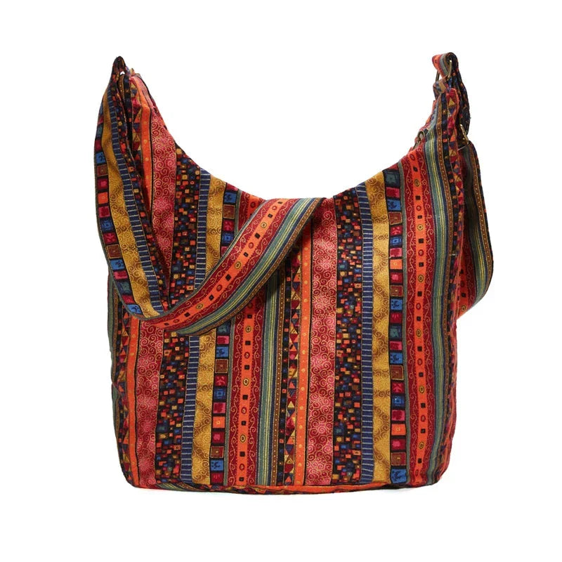 Bohemian Vintage Canvas Shoulder Bag with Unique Geometric Pattern and Adjustable Strap