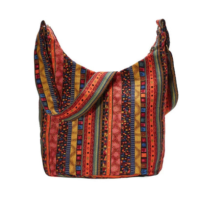 Bohemian Vintage Canvas Shoulder Bag with Unique Geometric Pattern and Adjustable Strap