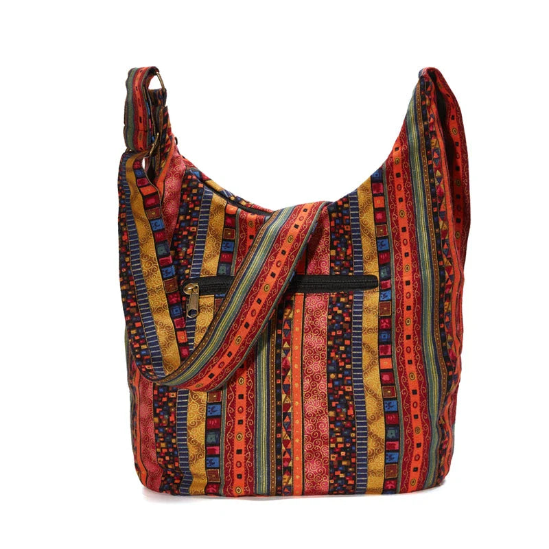 Bohemian Vintage Canvas Shoulder Bag with Unique Geometric Pattern and Adjustable Strap