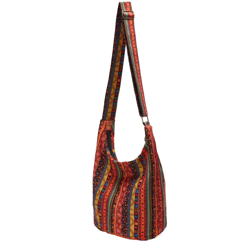 Bohemian Vintage Canvas Shoulder Bag with Unique Geometric Pattern and Adjustable Strap