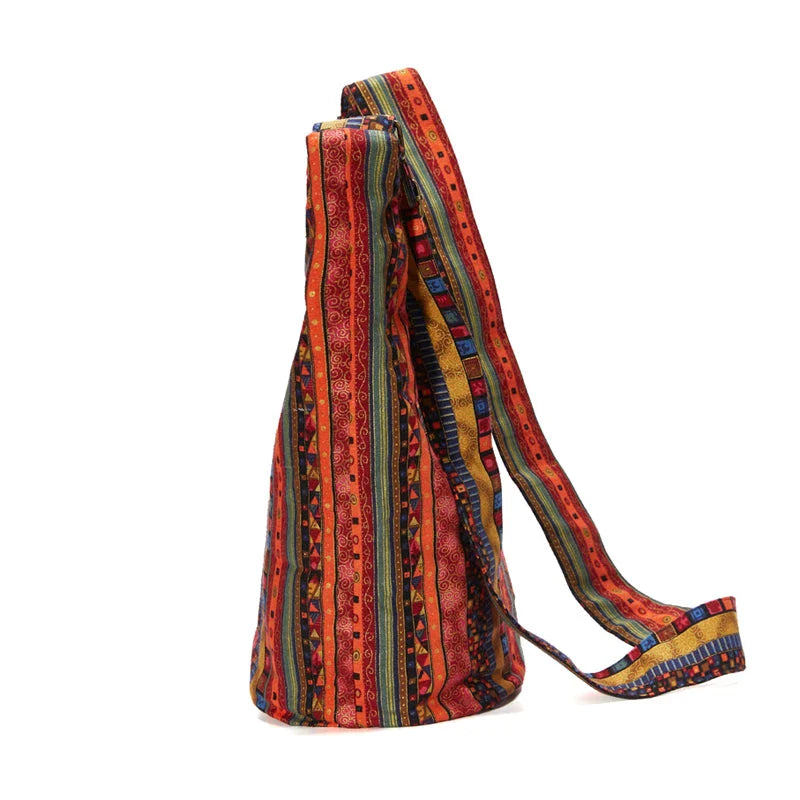 Bohemian Vintage Canvas Shoulder Bag with Unique Geometric Pattern and Adjustable Strap