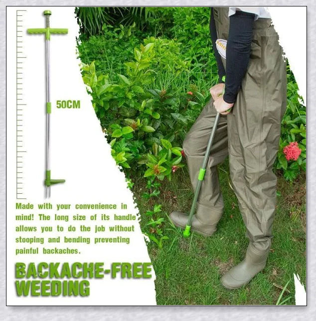 The Standing Plant Root Remover - an innovative gardening tool with a long handle and 3-pronged design for easy, backache-free weed removal