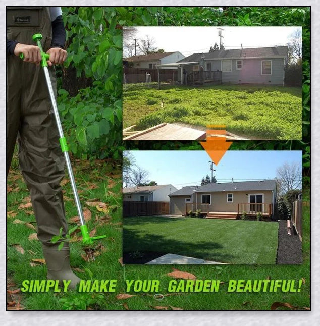 The Standing Plant Root Remover - an innovative gardening tool with a long handle and 3-pronged design for easy, backache-free weed removal
