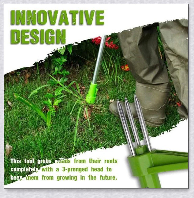 The Standing Plant Root Remover - an innovative gardening tool with a long handle and 3-pronged design for easy, backache-free weed removal