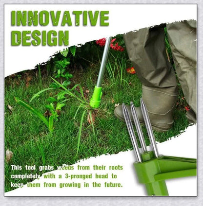The Standing Plant Root Remover - an innovative gardening tool with a long handle and 3-pronged design for easy, backache-free weed removal