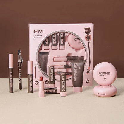 Glue Record Limited Lipstick Powder Beauty Gift Set featuring a variety of makeup essentials in a luxurious pink package