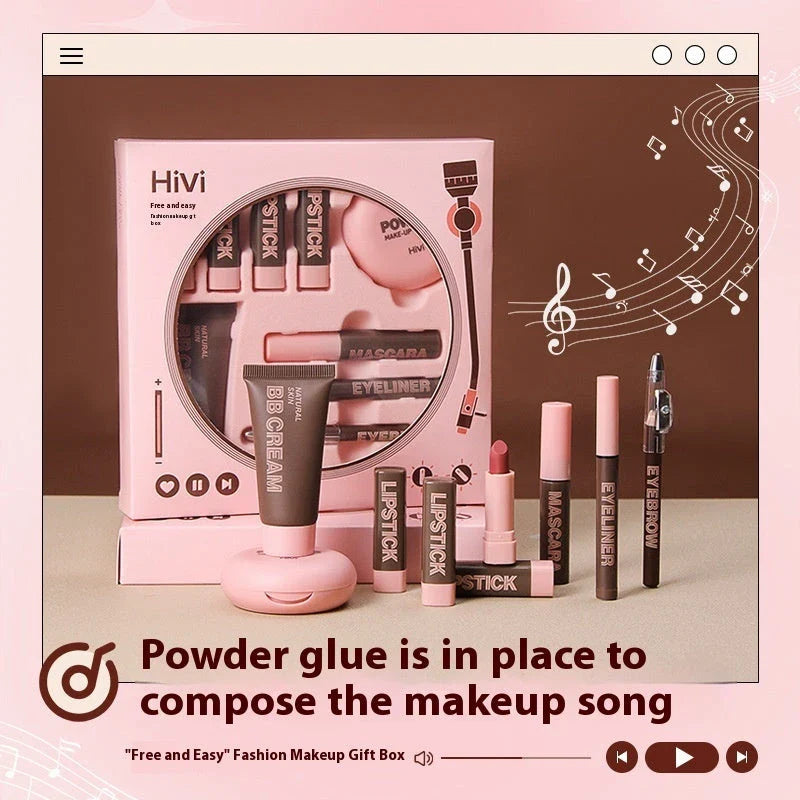 Glue Record Limited Lipstick Powder Beauty Gift Set featuring a variety of makeup essentials in a luxurious pink package