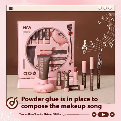 Glue Record Limited Lipstick Powder Beauty Gift Set featuring a variety of makeup essentials in a luxurious pink package