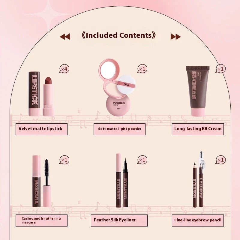 Glue Record Limited Lipstick Powder Beauty Gift Set featuring a variety of makeup essentials in a luxurious pink package