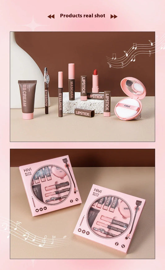 Glue Record Limited Lipstick Powder Beauty Gift Set featuring a variety of makeup essentials in a luxurious pink package
