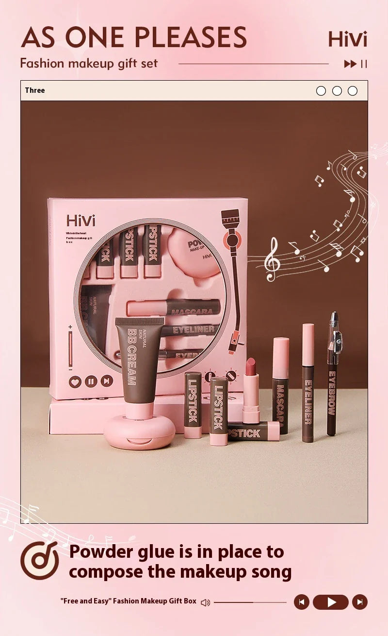 Glue Record Limited Lipstick Powder Beauty Gift Set featuring a variety of makeup essentials in a luxurious pink package