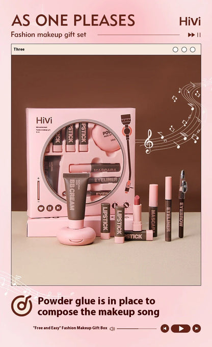 Glue Record Limited Lipstick Powder Beauty Gift Set featuring a variety of makeup essentials in a luxurious pink package