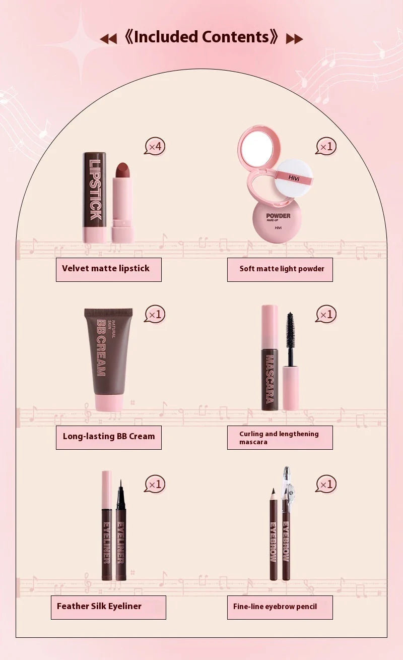 Glue Record Limited Lipstick Powder Beauty Gift Set featuring a variety of makeup essentials in a luxurious pink package