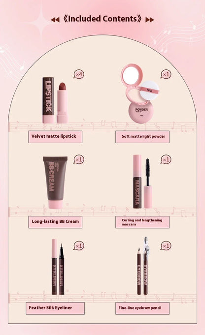 Glue Record Limited Lipstick Powder Beauty Gift Set featuring a variety of makeup essentials in a luxurious pink package