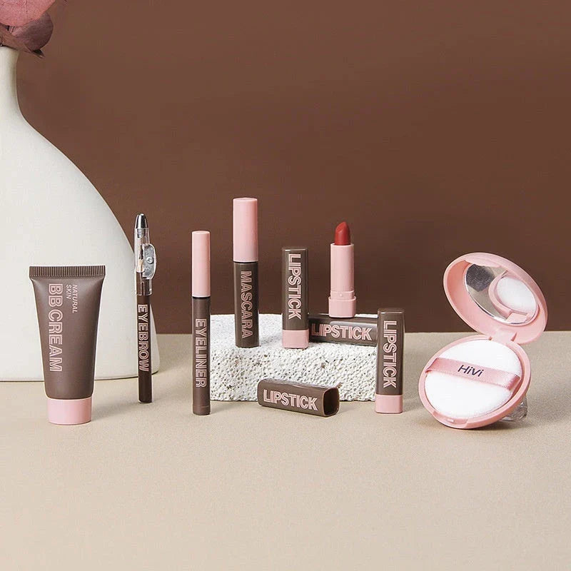 Glue Record Limited Lipstick Powder Beauty Gift Set featuring a variety of makeup essentials in a luxurious pink package