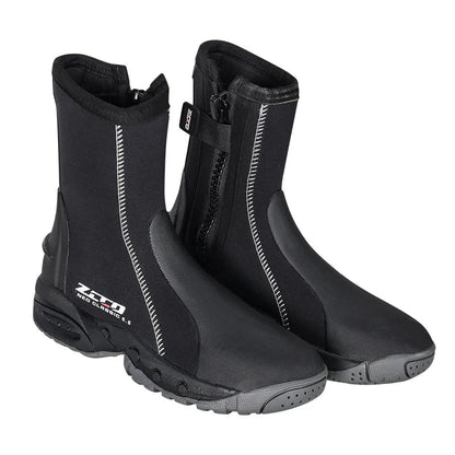 A pair of black non-slip outdoor beach diving boots with a side zipper and reinforced neoprene upper.