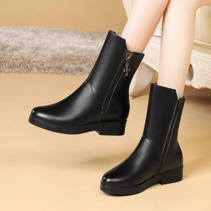 New Velvet Padded Mid-Tube Thick Heel Women's Boots in Black, featuring a luxurious velvet upper, thick heel, and padded interior for comfort and support.