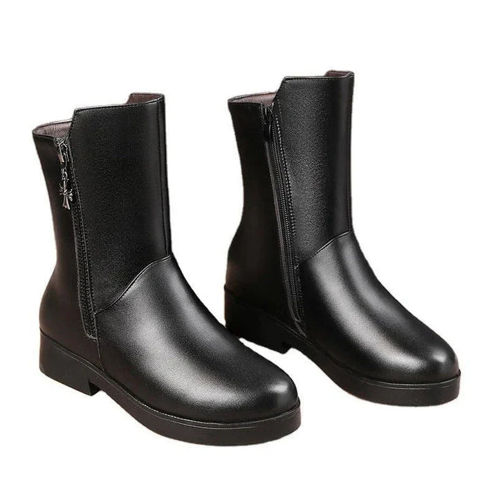 New Velvet Padded Mid-Tube Thick Heel Women's Boots in Black, featuring a luxurious velvet upper, thick heel, and padded interior for comfort and support.